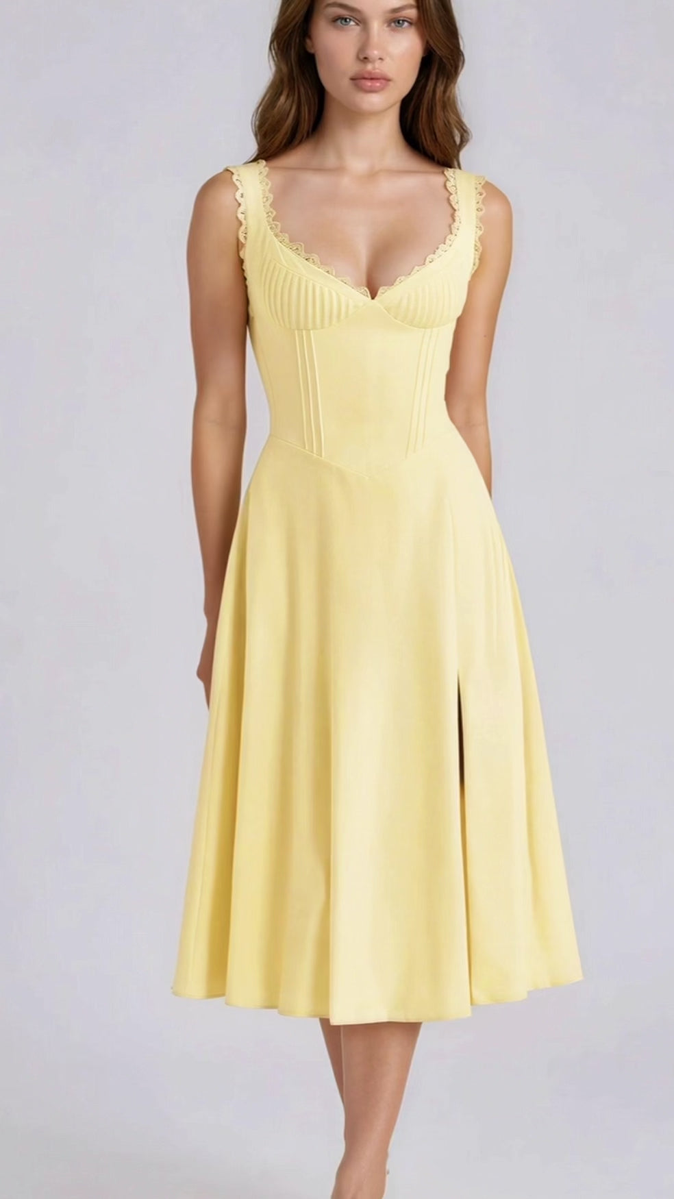Scalloped V-Neck Midi Dress with Back Lace-Up